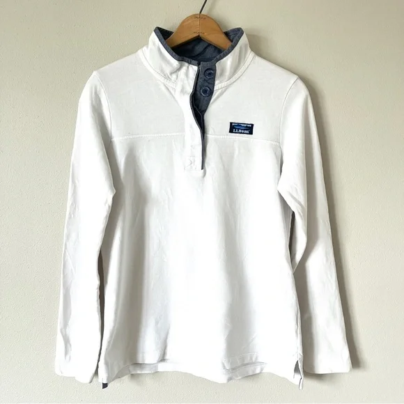 LL Bean Women's White Cotton French Terry 1/4 Button Pullover with Navy Trim - Picture 2 of 16